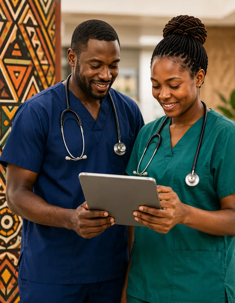 Two nurses reviewing a patient record on a tablet